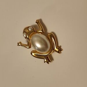 Napier Small Faux Pearl Golden Frog Brooch